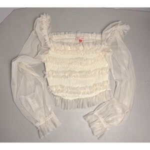 Mele E Pere Ivory Cream Sheer Ruffle Crop Top Ruched Long Sleeve Womens Medium